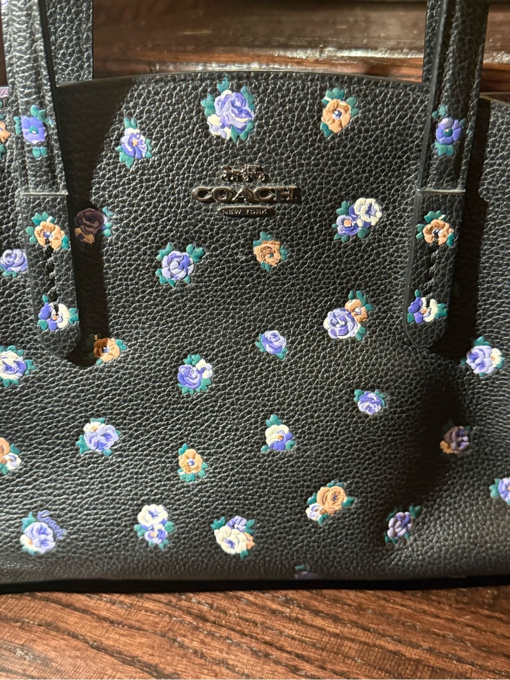 Coach Black Pebbled Leather Tote with Blue and Tan Floral Print